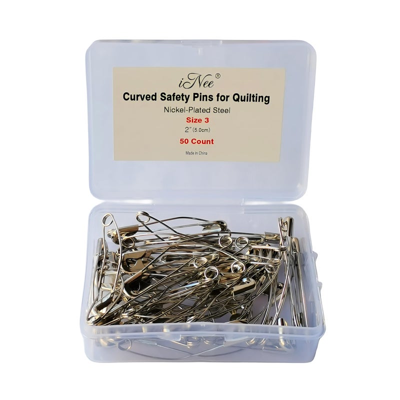 iNee Curved Safety Pins, Quilting Basting Pins, Nickel-Plated Steel, Size 3, 50 Count - Image 1